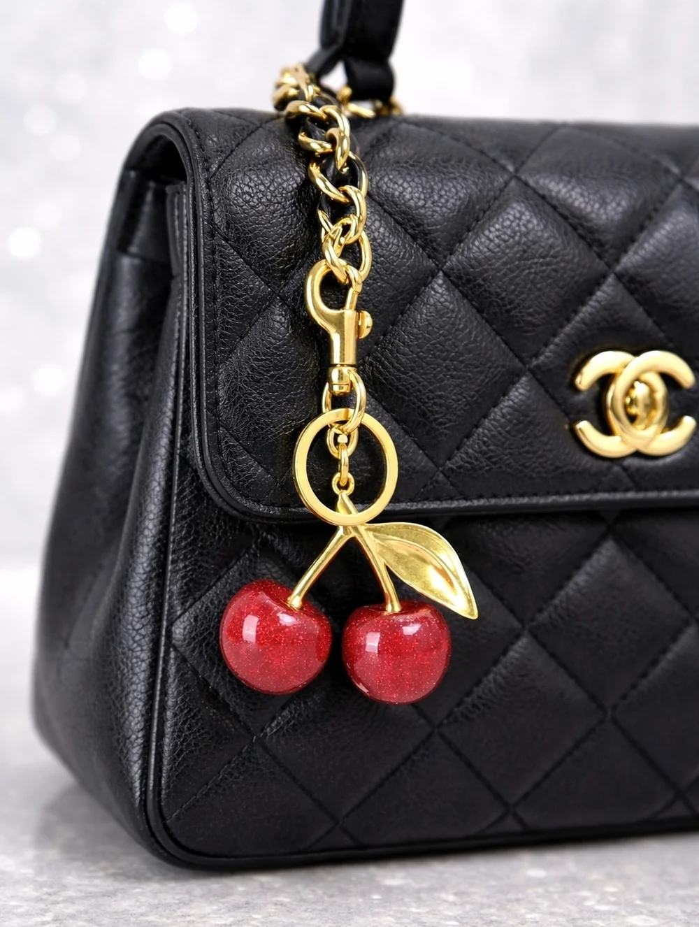 Large Red Cherries on a K Gold Plated Keychain / Bag Charm